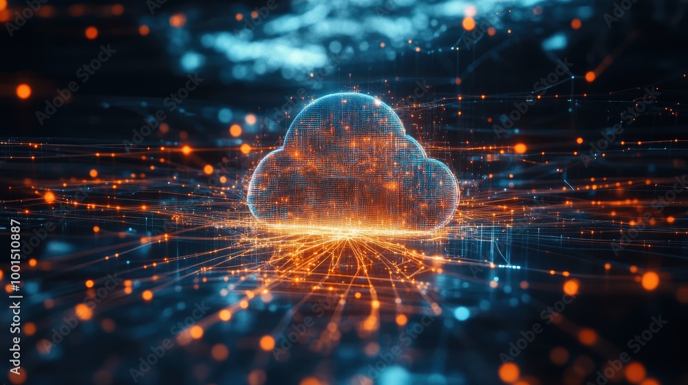 Poster modern network visualization with a central cloud logo and intricate connections representing advanc