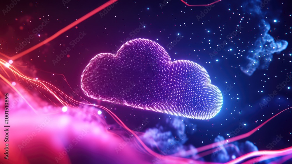 Poster modern tech background featuring a bold cloud logo and a complex network of glowing data lines