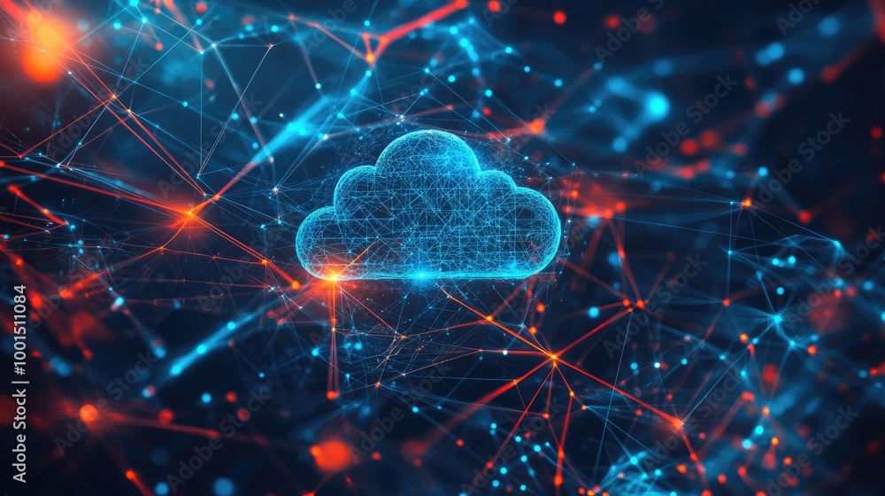 Poster modern tech background with a central cloud logo and intricate digital connections representing adva