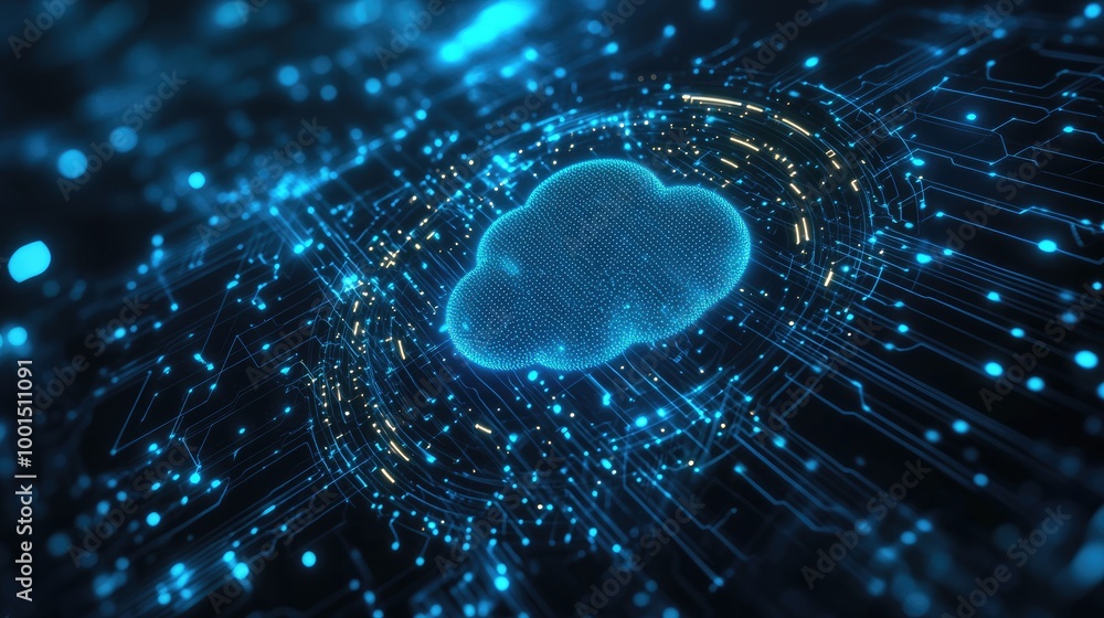 Poster modern tech background with a central cloud logo and intricate digital connections representing adva