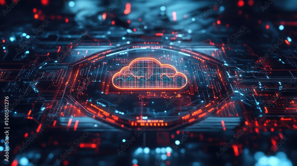Poster modern tech design with a central cloud logo and intricate digital connections representing future t