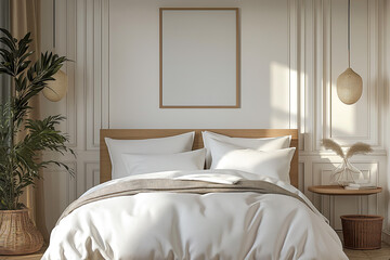 Cozy bedroom interior design with elegant bed, soft pillows, minimalist frame, and stylish plants and lamps