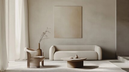 A minimalist living room design featuring a neutral color palette, sleek furniture, and a striking piece of artwork on the wall, creating a serene and stylish space.