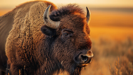 Fototapeta premium Majestic bison in the golden light of sunset on the prairie