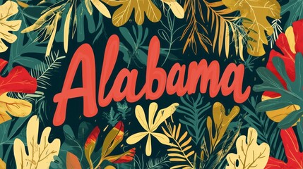 Vibrant "Alabama" typography artwork surrounded by colorful tropical leaves and foliage. Bold red lettering contrasts against lush greenery and warm yellow accents. AI generative.