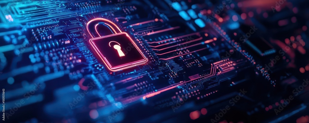 Poster closeup of a motherboard with a glowing padlock and connecting verified credentials, symbolizing cyb