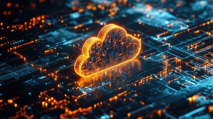 Modern tech visualization with a prominent cloud logo and a network of advanced data connections