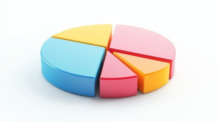 Obraz premium A multi-colored 3D pie chart in a minimalist style, with sections slightly lifted to show the data split, presented on a clean, white background.