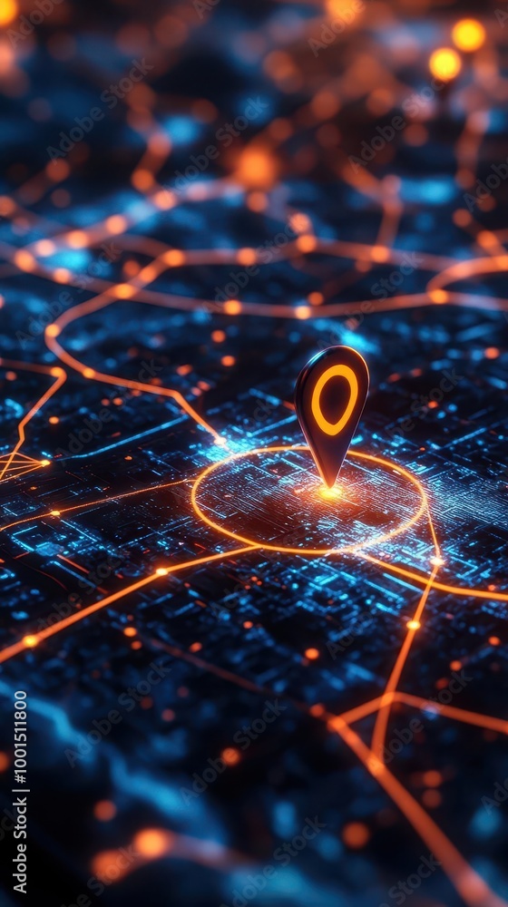 Poster gps navigation concept with a glowing route path and location pins on a digital map, overlaid on a s