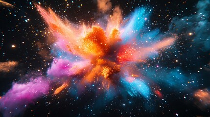 Abstract colorful explosion with glowing particles against a black background.