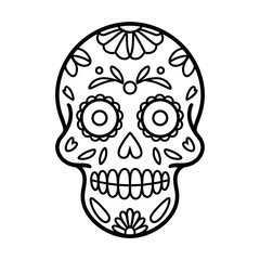 Coloring page of skull with flowers and leaves on it. The skull hand drawn doodle style in black and white
