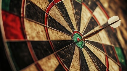 Realistic close-up of a dartboard showing a dart hitting the bullseye, emphasizing goal completion