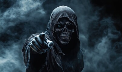 Grim reaper with a hood pointing towards the camera in a smoky background