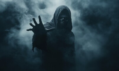 Grim reaper with a hood reaching out in a foggy, eerie atmosphere