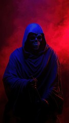 Grim reaper in a hood holding a staff in front of a red and dark foggy background