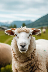 Fototapeta premium Sheep with fluffy wool standing in a green pasture on a farmland surrounded by mountains and meadow