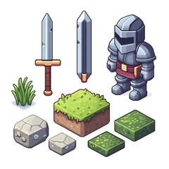 Naklejka premium simple cubic image a set of game components: sword, armor, helmet, grass, color stone, minimalism, in pixel style, with clear geometric lines. icon, completely filled in, without shadows or gradients.