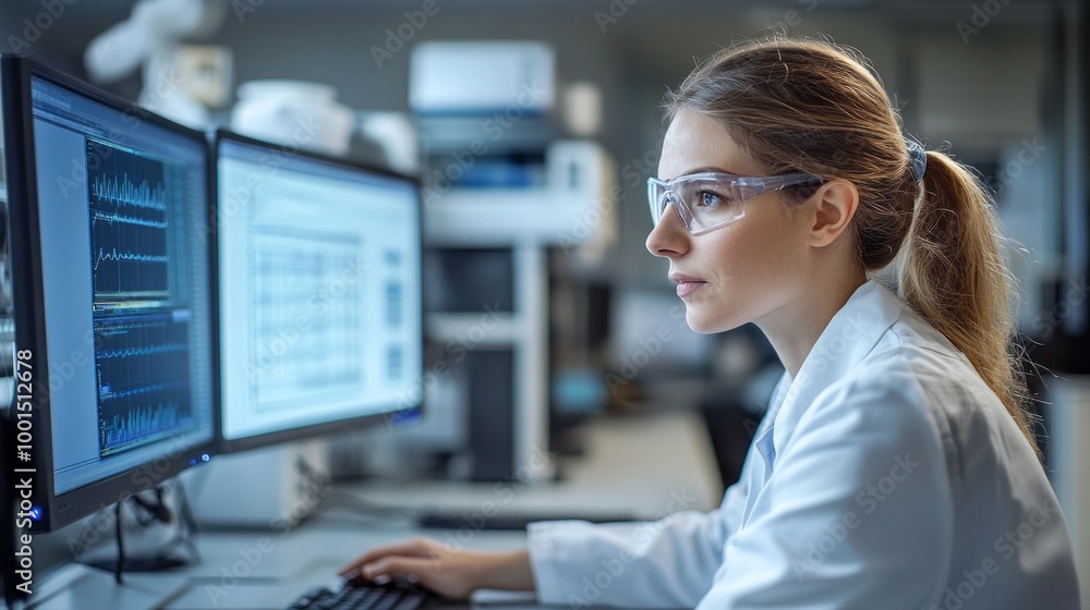 Aufkleber a woman wearing a lab coat and goggles is looking at a computer monitor