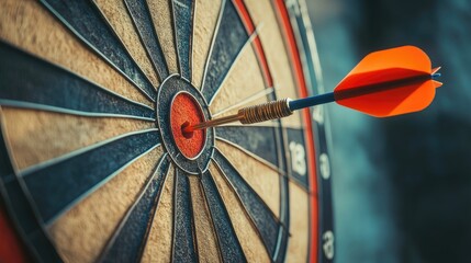 Realistic dartboard with a dart hitting the exact center, symbolizing precise achievement in business targets