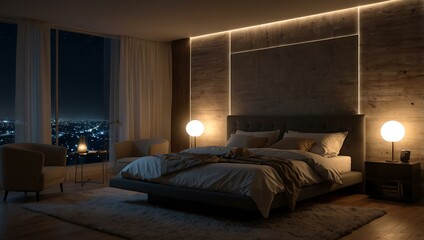 Bedroom with ambient glowing lights.