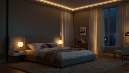 Bedroom with ambient glowing lights.