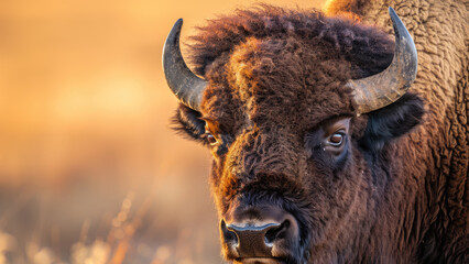Majestic bison in the golden light of sunset on the prairie