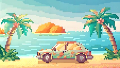 Obraz premium Pixel Art Tropical Beach Scene with Car, Palm Trees, and Sunset