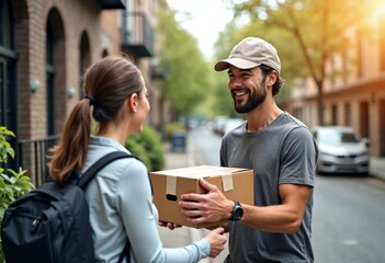 Delivery Service in Urban Setting: A Man and Woman Interacting - Powered by Adobe