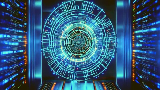 An abstract digital vault door made of holographic code opens and closes, binary data waves flowing securely out, symbolizing secure storage and access, 4k Video technology Background