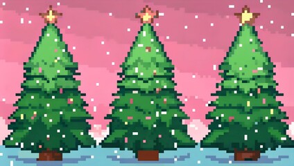 Pixel Art Christmas Trees with Snowfall on Pink Background
