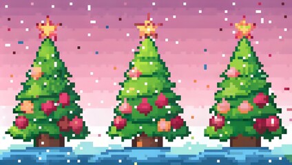 Pixel Art Christmas Trees Under Snowy Pink Sky