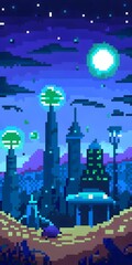 Pixel Art Futuristic Night Cityscape with Neon Trees and Starry Sky