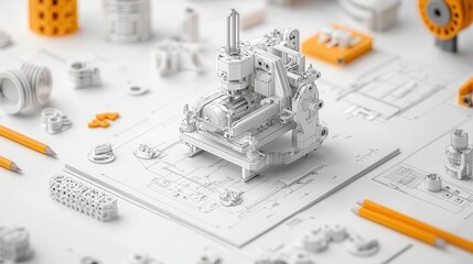 Exploded view of an advanced 3D printer mechanism, Engineering Drawing, Manufacturing Technology