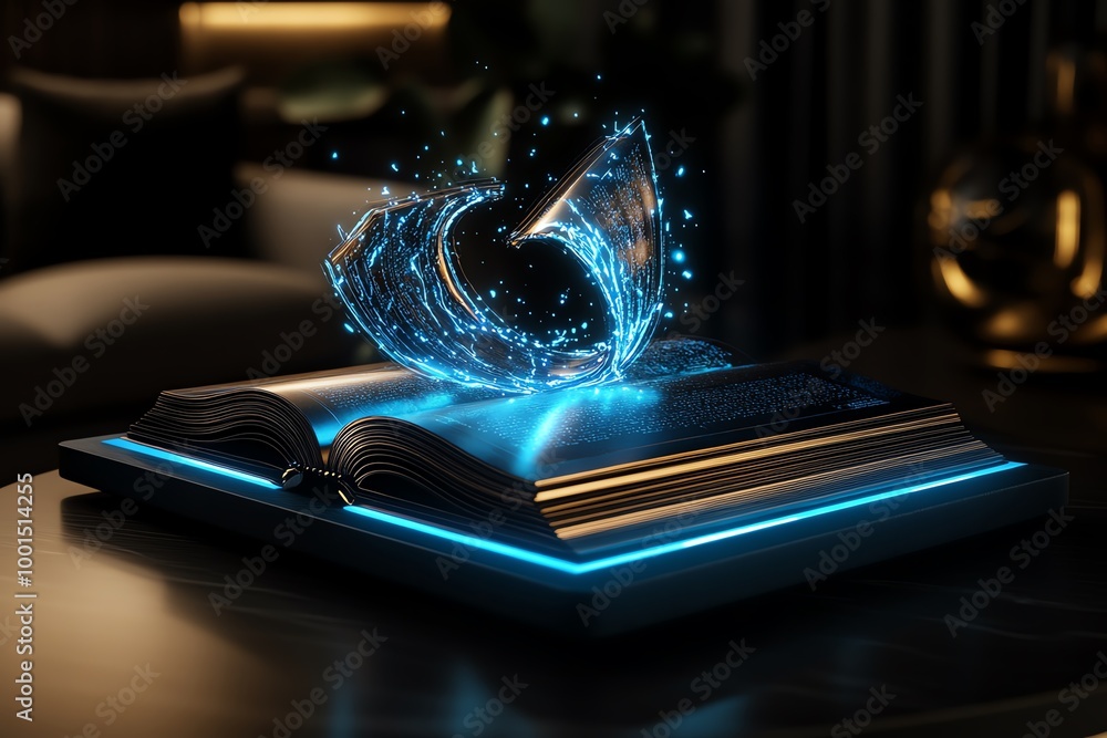 Poster interactive 3d book where digital pages turn with holographic effects in a modern digital environmen