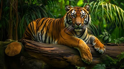 Majestic tiger resting on a log in a dense, verdant jungle