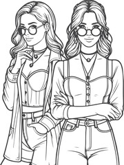 line art bride girl and mordan Woman line Drawing design.