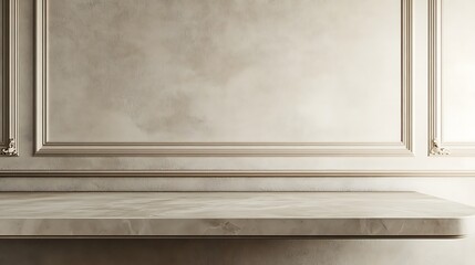 Beige tabletop on classic wall panels background. Empty concrete countertop for cosmetics, drinks and food presentation. Clean marble desk for advertising design, 