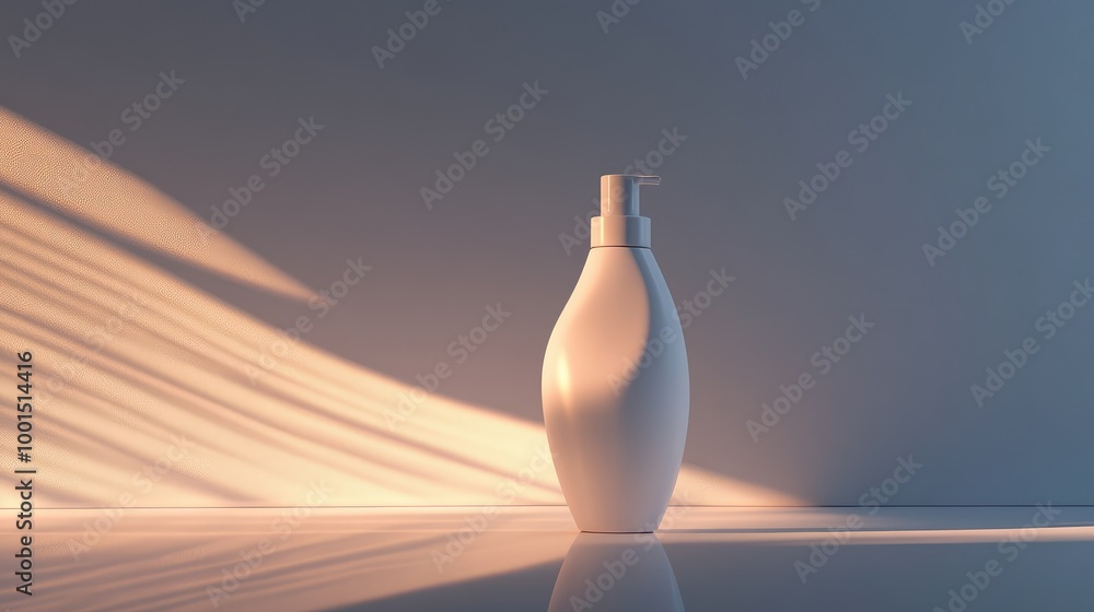 Poster a minimalist 3d visualization of a modern shampoo bottle with smooth curves, placed on a glossy surf