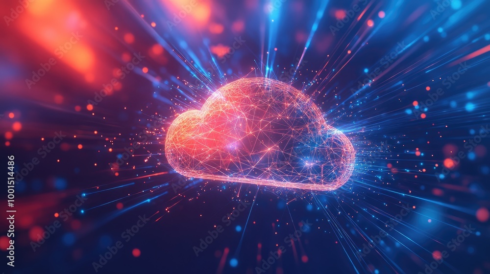 Poster sleek abstract tech background featuring a stylized cloud logo and a network of interconnected nodes