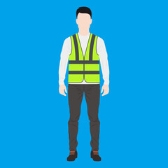 Front view of man stand with long sleeve cloth, shoes, and safety vest for work wear requirement.