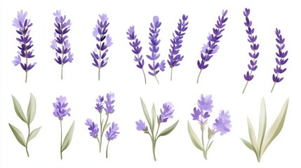 Watercolor illustration of lavender flowers with green leaves on a white background.