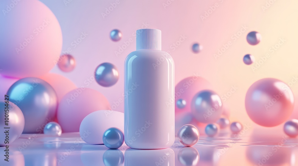 Poster a minimalistic 3d rendering of a shampoo bottle with clean lines, surrounded by floating metallic sp