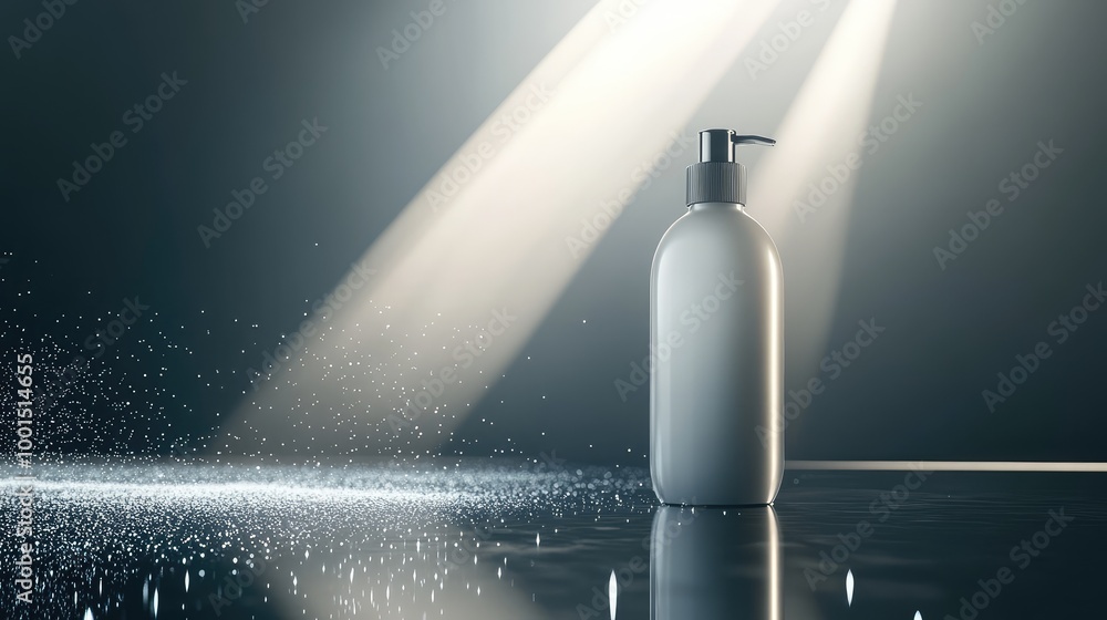 Poster a minimalistic 3d visualization of a shampoo bottle standing on a reflective surface, surrounded by 