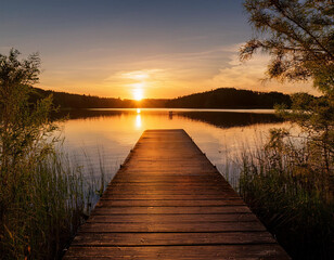 Fototapeta premium A serene wooden jetty stretches over a tranquil lake at sunset