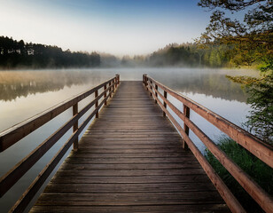 Naklejka premium Wooden jetty extending over a misty lake at dawn with lush greenery in the background