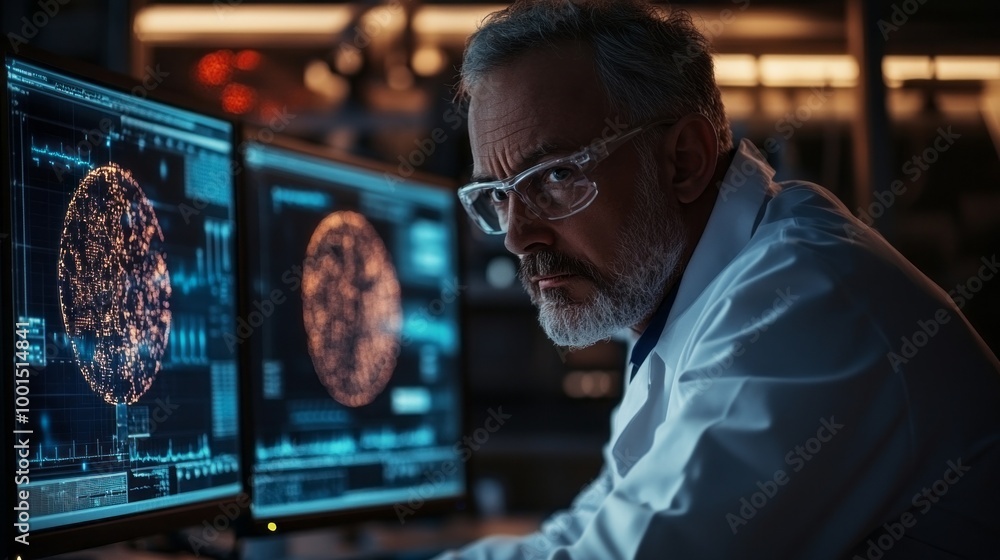 Poster a man in a lab coat is looking at two computer monitors