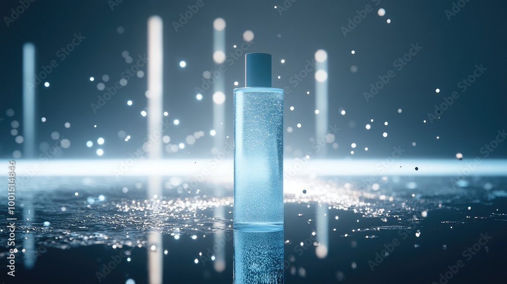 Poster a minimalistic 3d visualization of a shampoo bottle standing on a reflective surface, surrounded by 