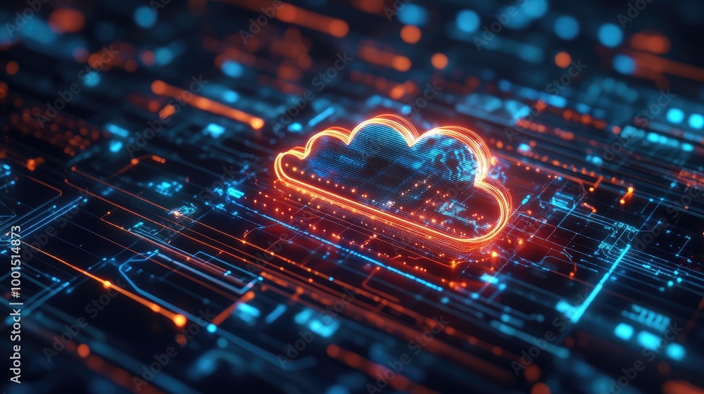 Poster sleek digital interface with a glowing cloud logo and a complex background of interconnected technol