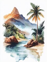Tropical landscape with mountains and palm trees.