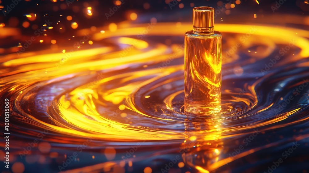 Poster a rich 3d design of a shampoo bottle floating amidst swirling liquid forms and soft glowing reflecti